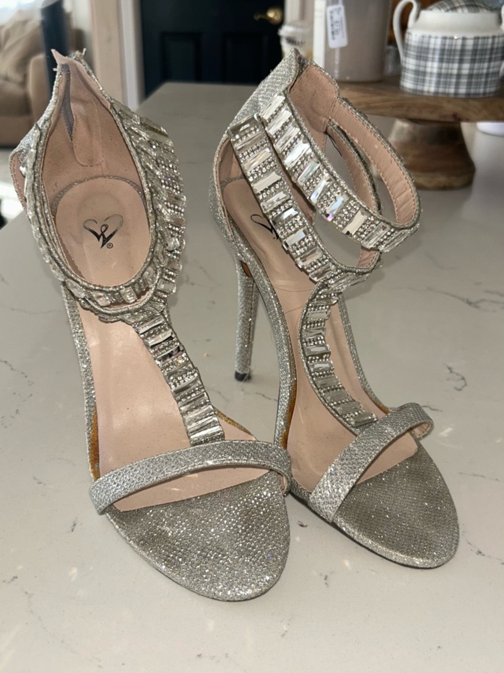 Windsor Silver Crystal T-Strap High Heel Sandals